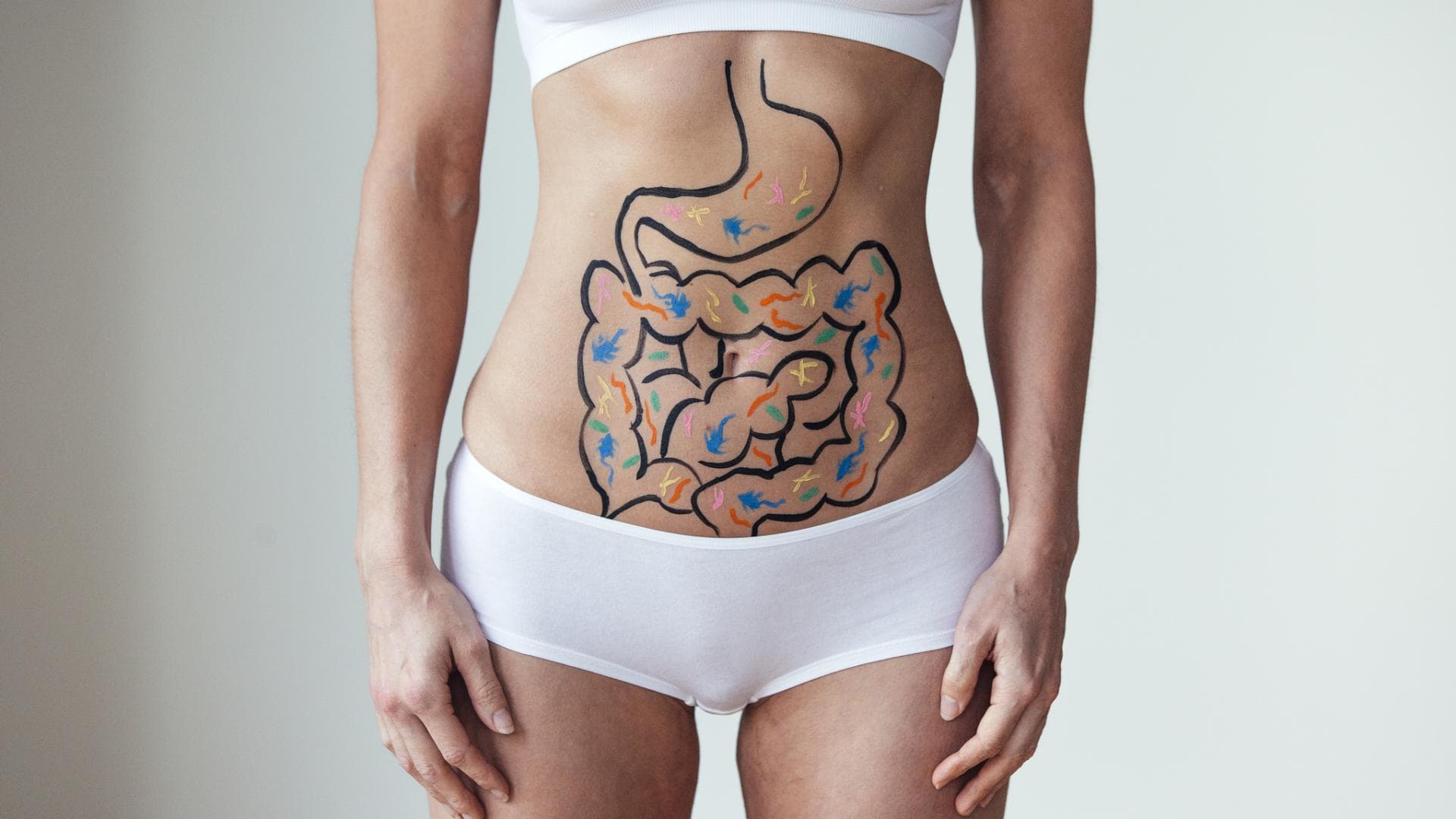 Die Ursache für die Ausstülpungen im Darm können u. a. mit der Ernährung, einem bewegungsarmen Lebensstil, Übergewicht und Rauchen zusammenhängen. Bauch mit aufgemalten Verdauungsorganen und Darmflora