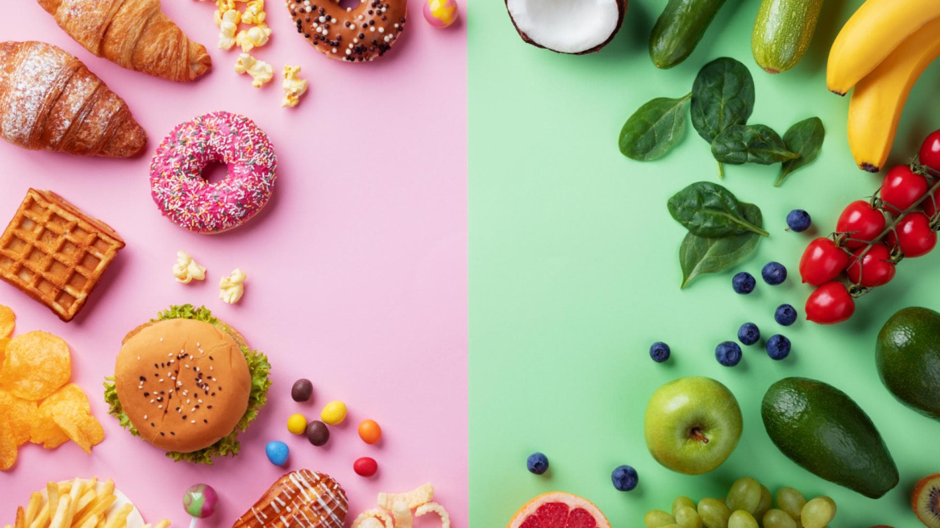 Süßigkeiten und Fast Food auf der einen Seite, Obst und Gemüse auf der anderen Süßigkeiten und Fast Food auf der einen Seite, Obst und Gemüse auf der anderen