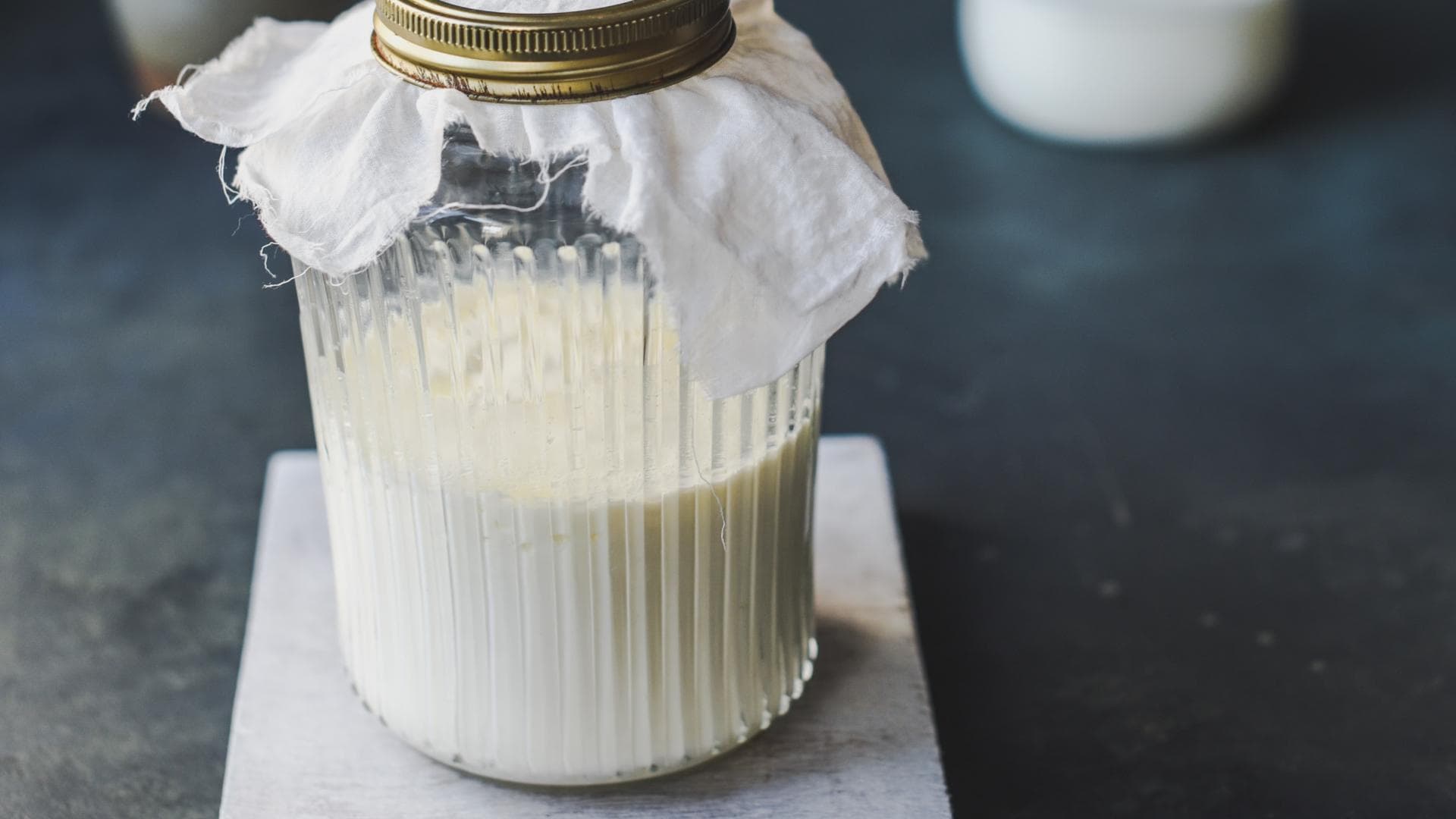 Kefir mit Kefirpilz gärt im Glas