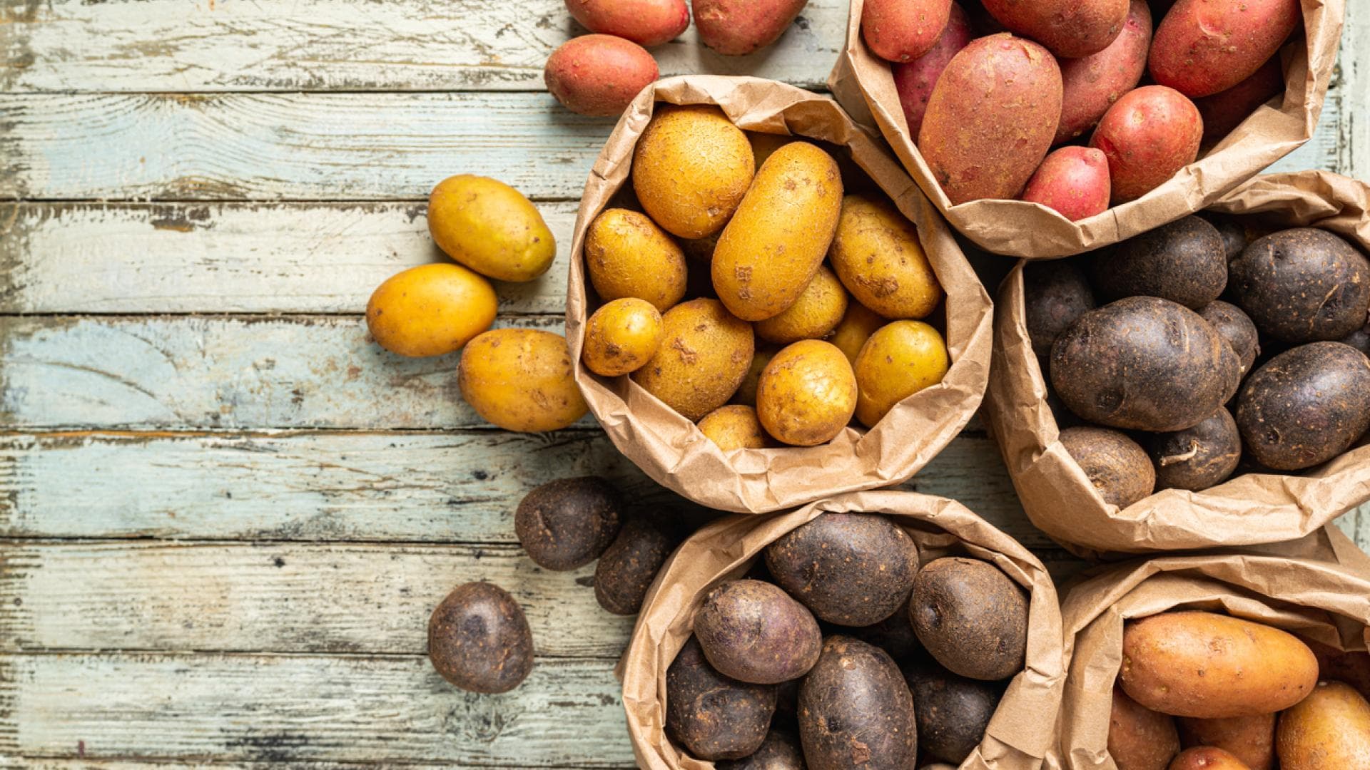 Erntefrische bunte Kartoffeln in Tüten auf Holztisch