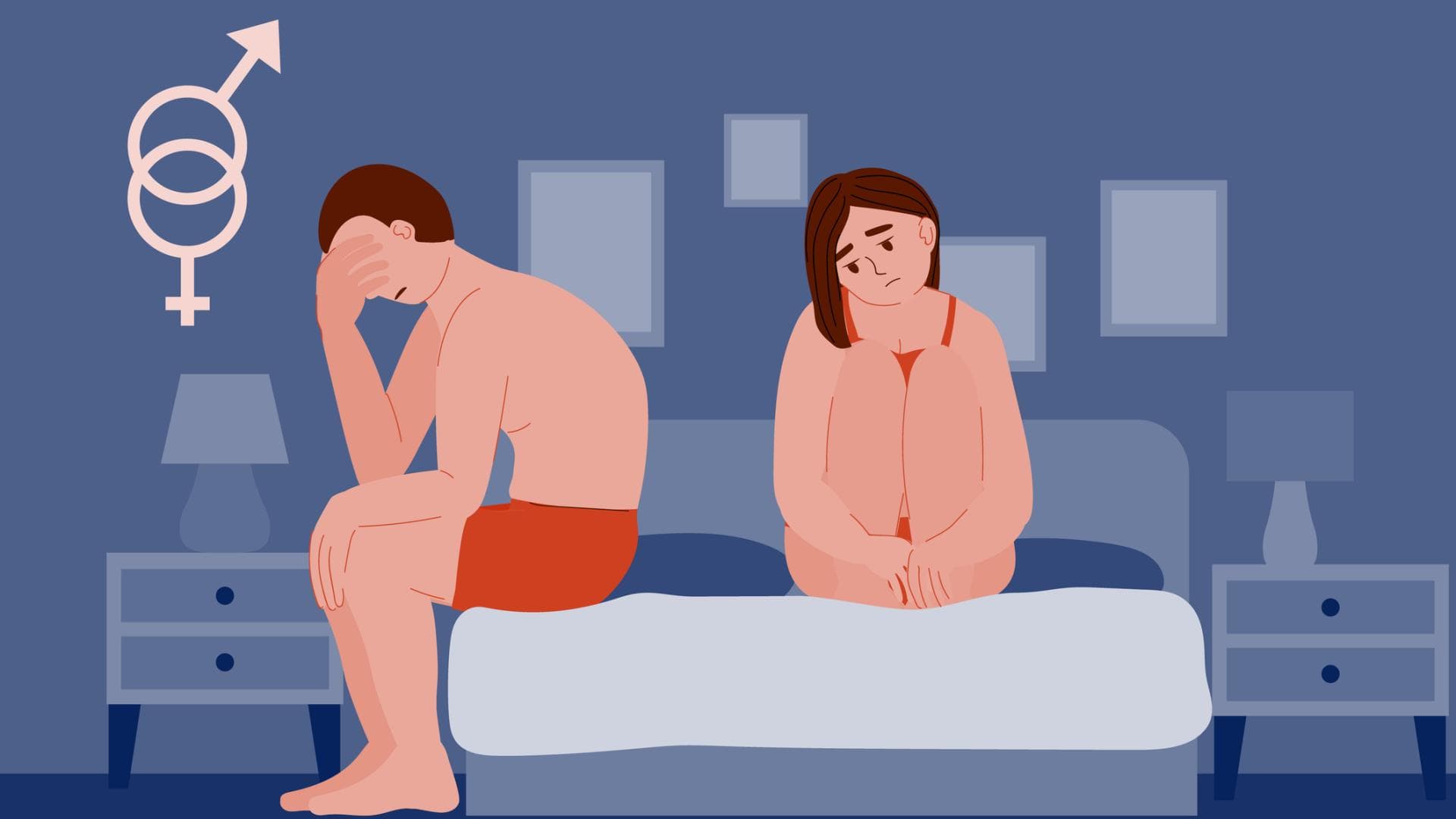 Mann und Frau sitzen auf dem Bett und haben Probleme beim Sex Mann und Frau sitzen auf dem Bett und haben Probleme beim Sex