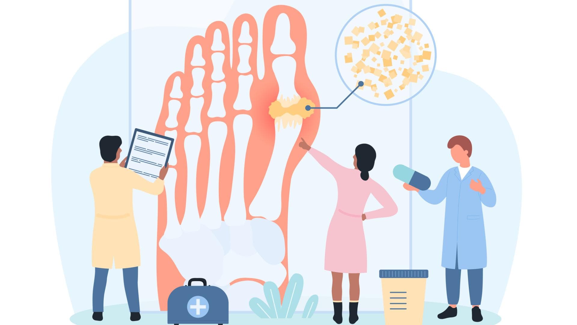 Mediziner studieren medizinisches Fußdiagramm zur Diagnose Mediziner studieren medizinisches Fußdiagramm zur Diagnose