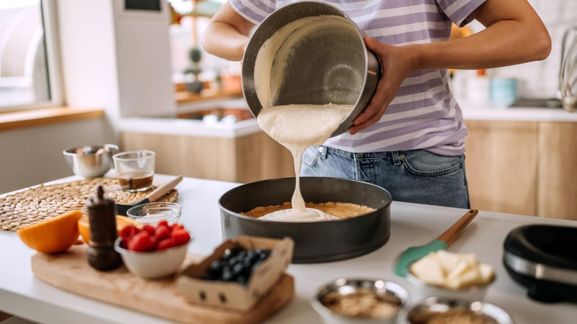 Frau gibt Teig in Kuchenform Frau gibt Teich in Kuchenform