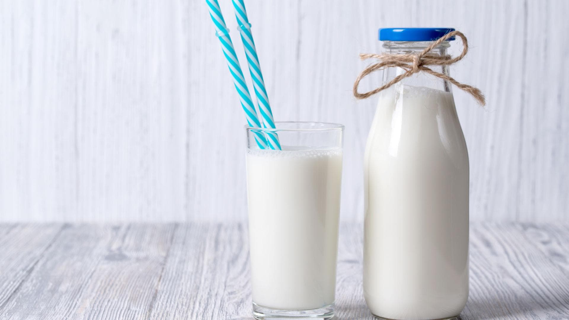 Flasche und Glas mit Milch gefüllt Flasche und Glas mit Milch gefüllt