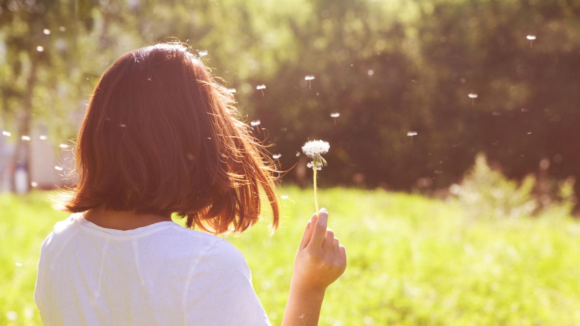 Frau auf Wiese mit Pusteblume