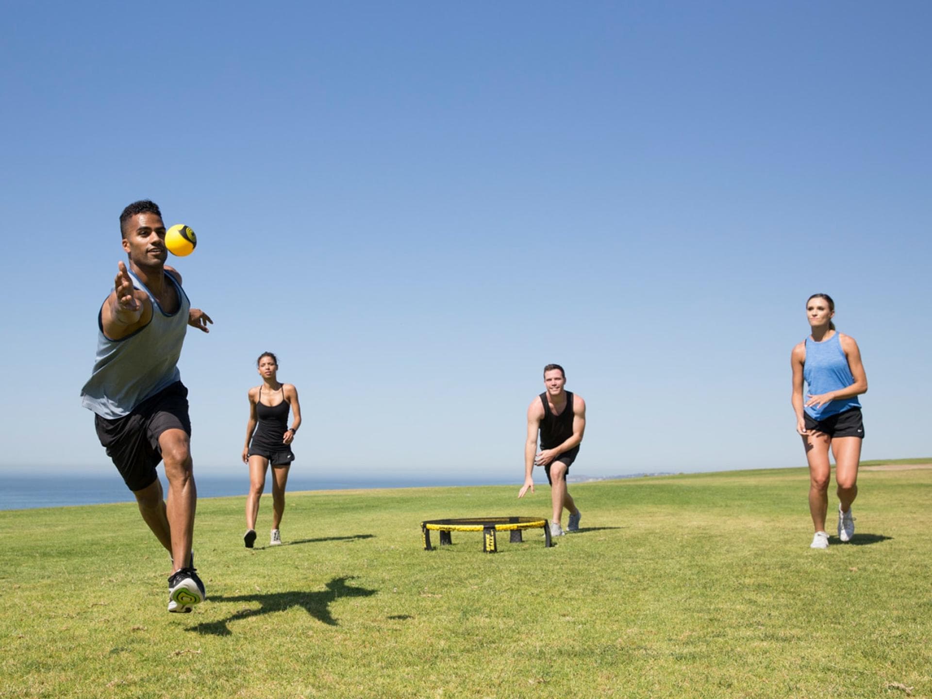 Menschen spielen auf einer Wiese Spikeball