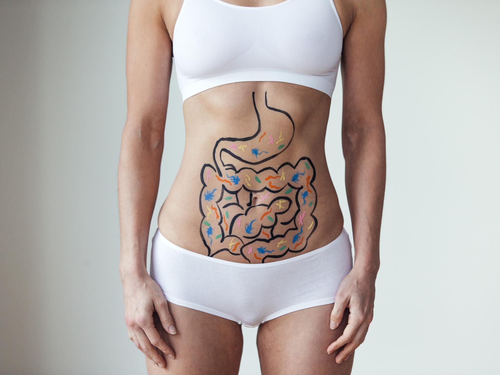 Die Ursache für die Ausstülpungen im Darm können u. a. mit der Ernährung, einem bewegungsarmen Lebensstil, Übergewicht und Rauchen zusammenhängen. Bauch mit aufgemalten Verdauungsorganen und Darmflora