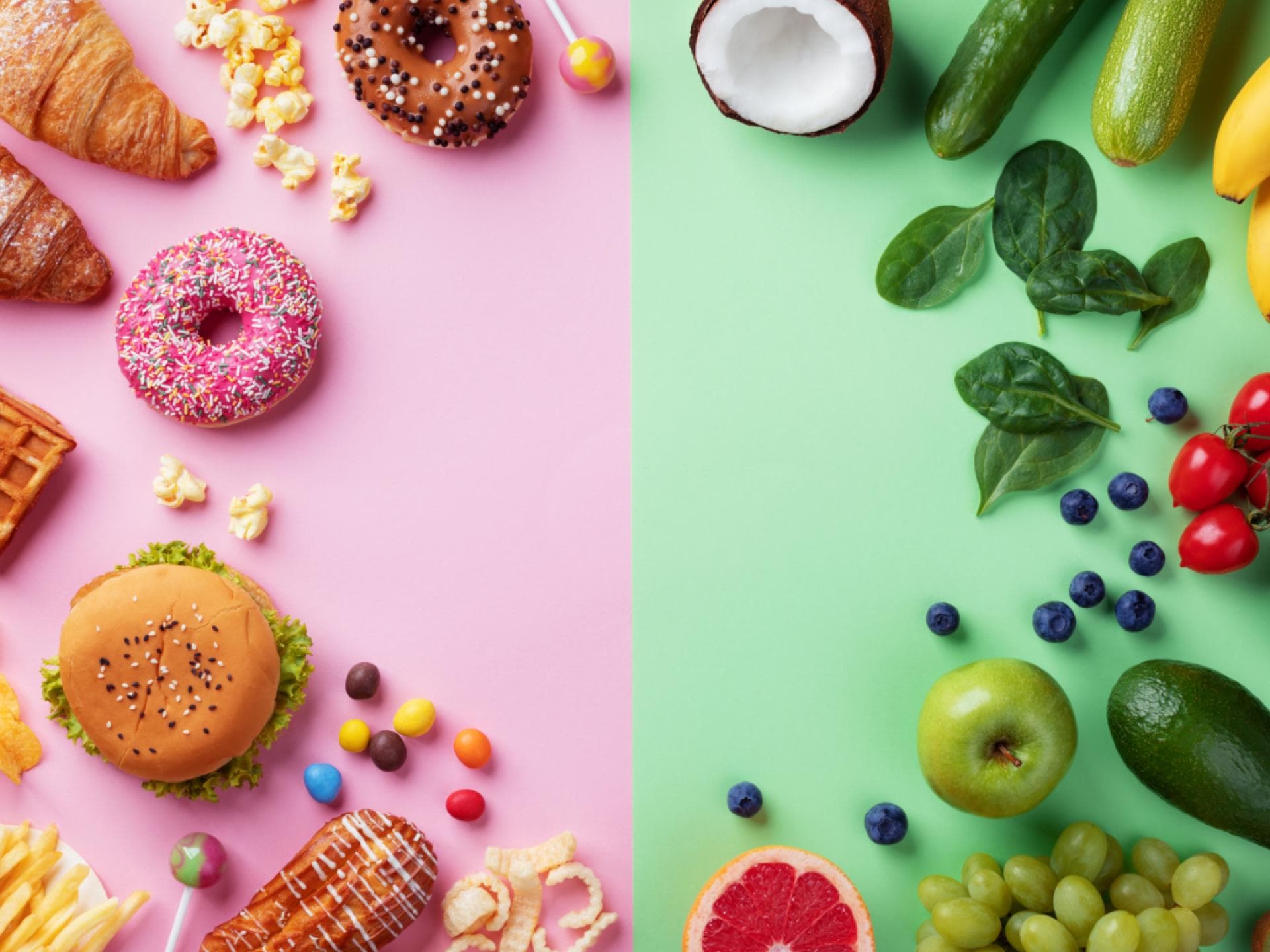 Süßigkeiten und Fast Food auf der einen Seite, Obst und Gemüse auf der anderen