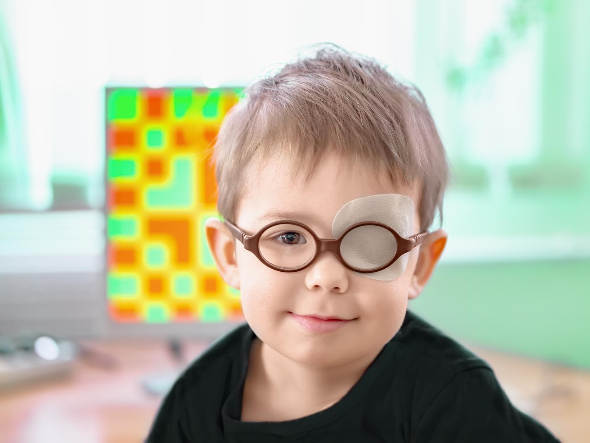 Ein kleiner Junge mit Brille und Augenklappe