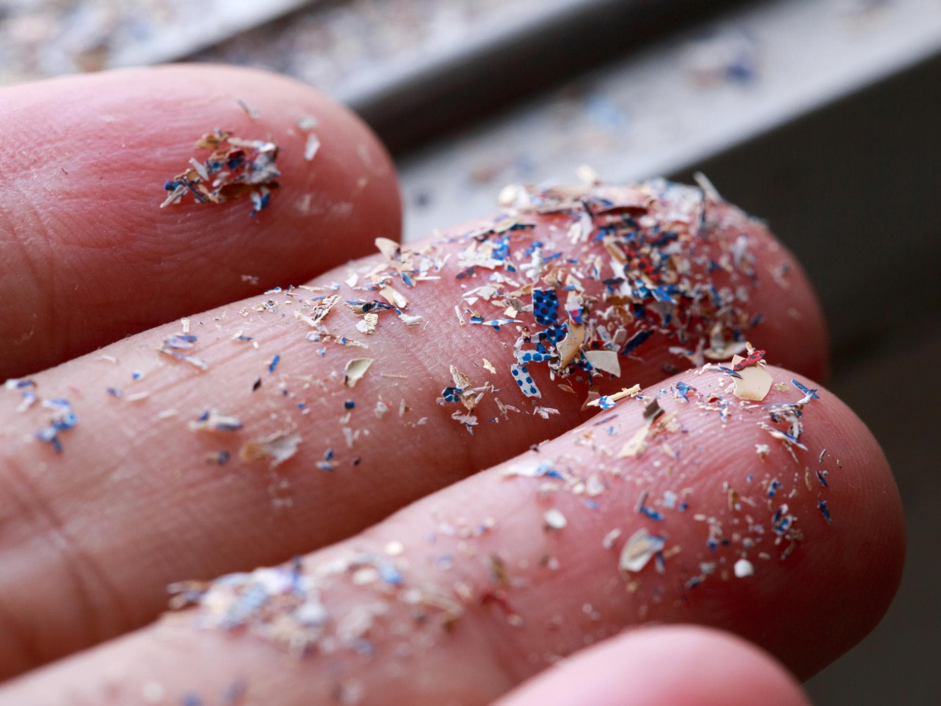 Kleine Plastikteilchen auf Fingerspitzen