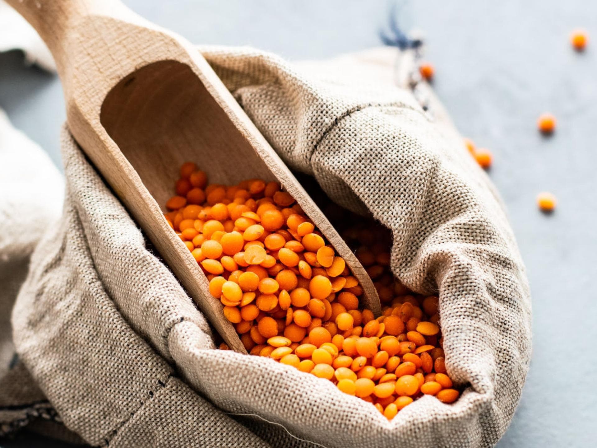 Pflanzliche Proteine sind in Hülsenfrüchten, Sojaprodukten, Vollkornprodukten, Nüssen und Samen enthalten. Rote Linsen in einem Säckchen