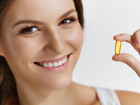 Frau hält Vitamin-Tablette in der Hand