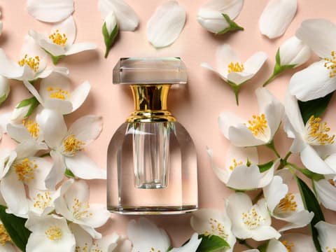 Flakon auf Bett aus Jasminblüten