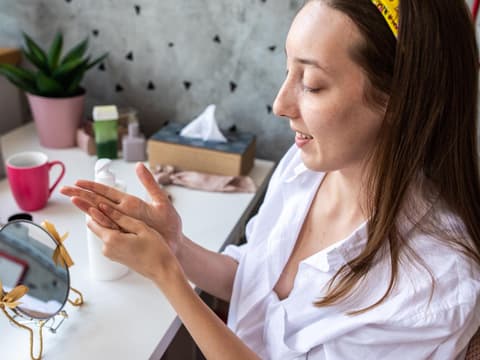Frau cremt sich die Hände ein