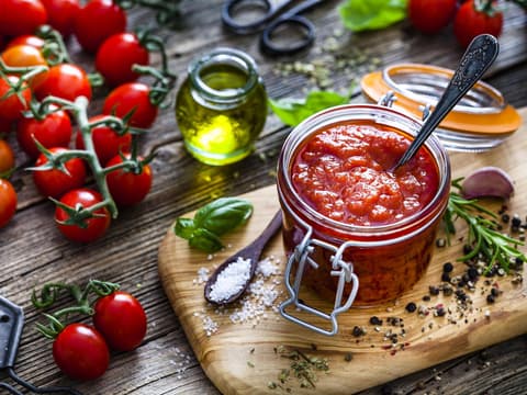Hausgemachte Tomatensoße in Glas mit frischen Zutaten auf Brett