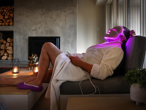 Frau nutzt LED Maske auf dem Sofa