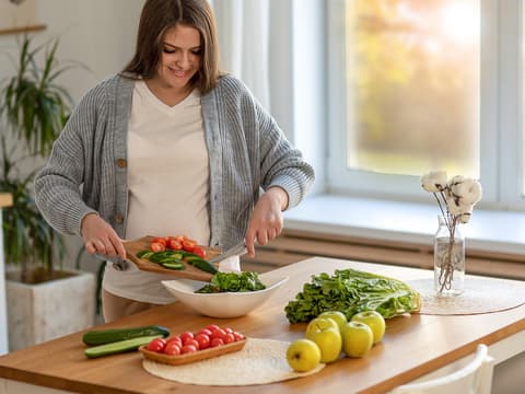 Frau bereitet Salat zu