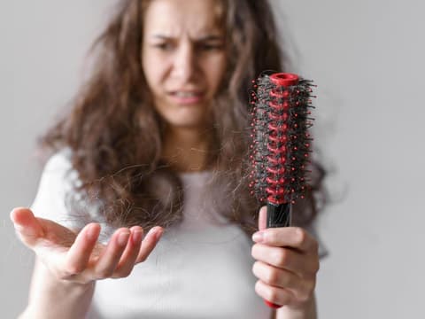Frau hält ausfallende Haare in den Händen