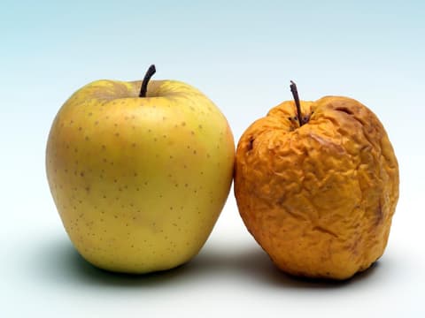 frischer und alter Apfel nebeneinander