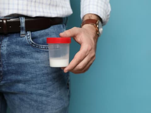 Mann hält Spender-Container mit der Sperma-Farbe weiß
