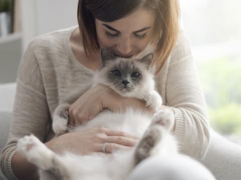 Frau riecht an ihrer Katze