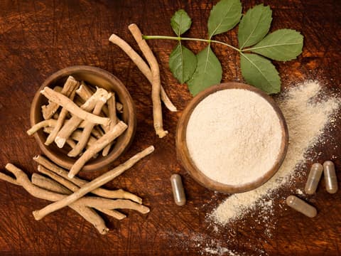 Ashwagandha als Pflanze und Pulver in einem Schälchen