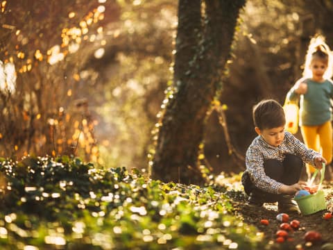 Kinder sammeln Ostereier im Wald
