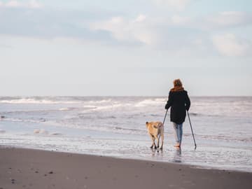Frau macht Nordic Walking mit Hund am Meer Frau macht Nordic Walking mit Hund am Meer