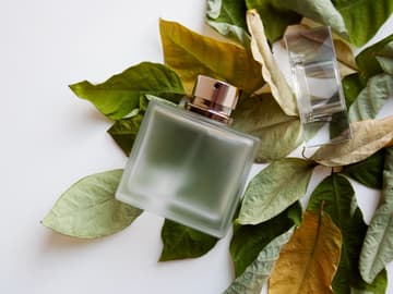 Grüne Parfums riechen frisch und natürlich Parfumflakon vor weißem Huntergrund und grünen Blättern