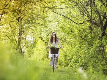 Frau fährt Fahrrad im Wald Frau fährt Fahrrad