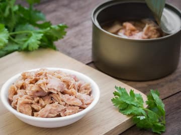 Dosen-Thunfisch auf einem Teller mit Kräutern Dosen-Thunfisch auf einem Teller mit Kräutern